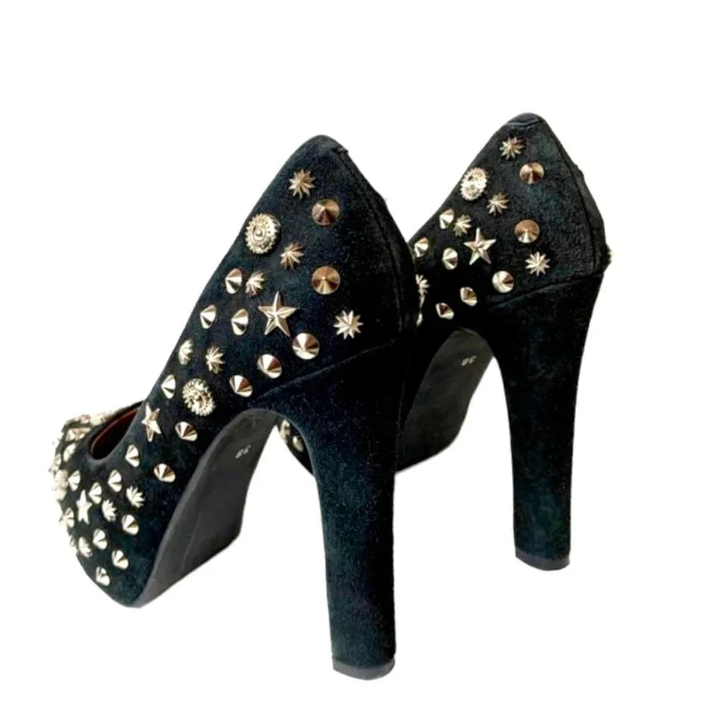 Jeffrey Campbell Black Suede Silver Studded Celestial Platform High Heels NEW